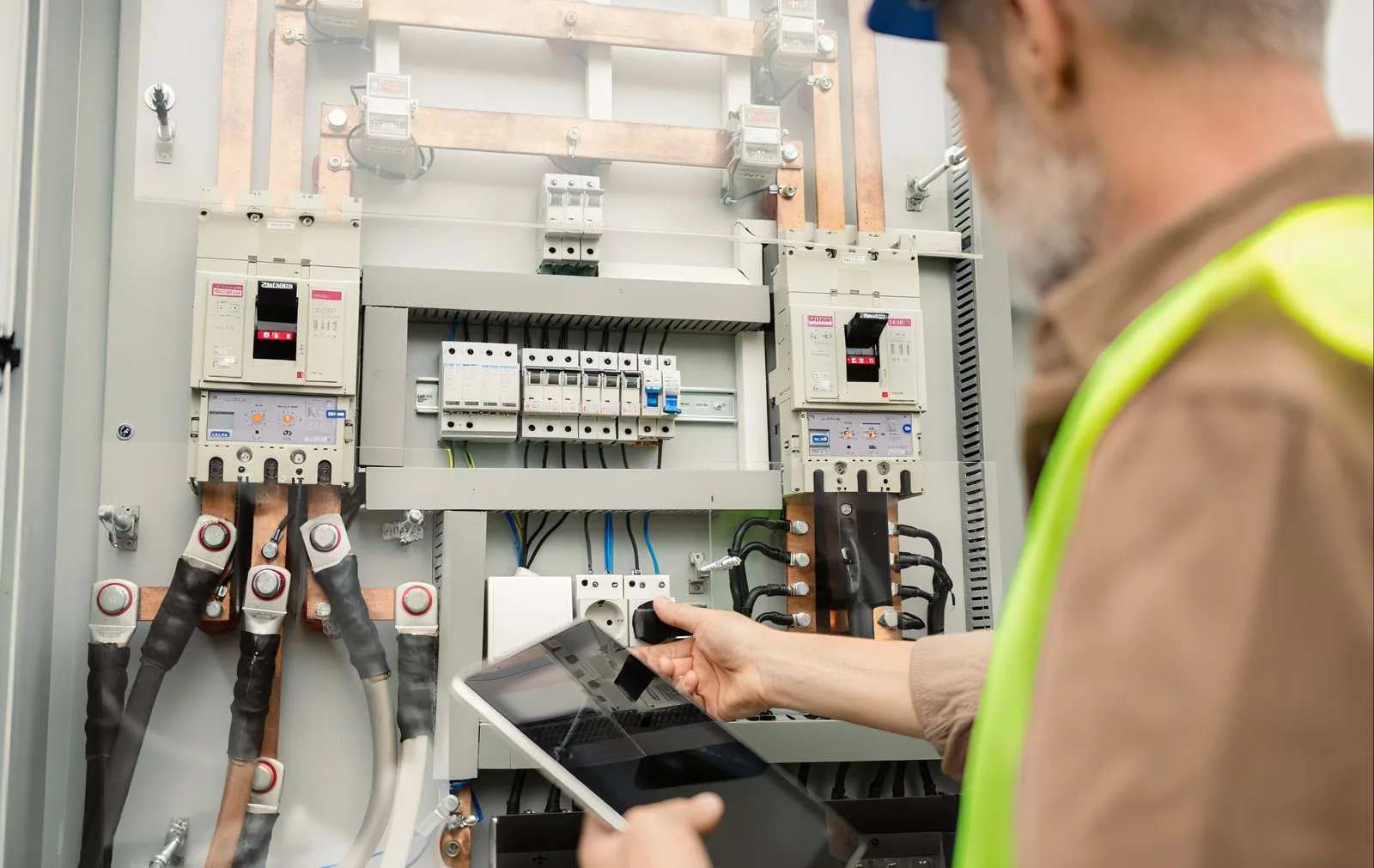 Technician inspecting electrical equipment in a workshop