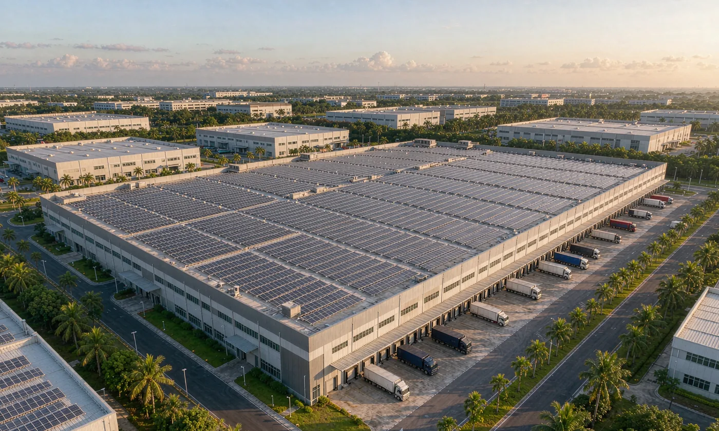 Rooftop solar array on a warehouse, sized for a commercial solar payback case